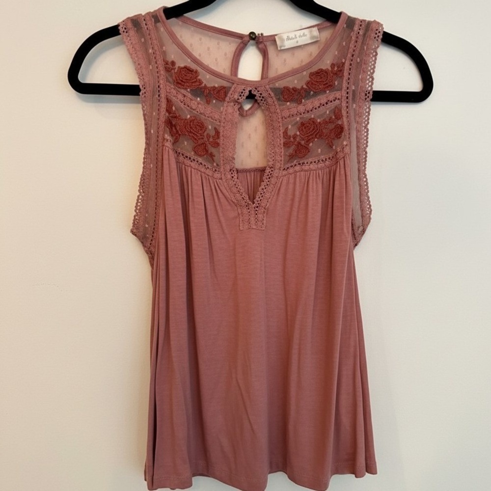 Altar'd State Womens Embroidered Mesh Lace Tank Top Mauve Pink Size S Boho